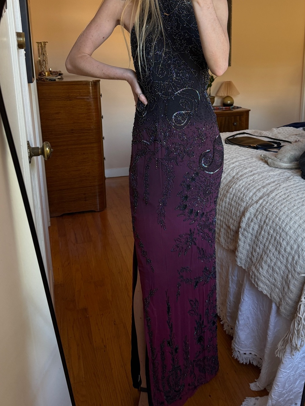 JMDC Beaded Ombre Black to Plum silk Evening Gown